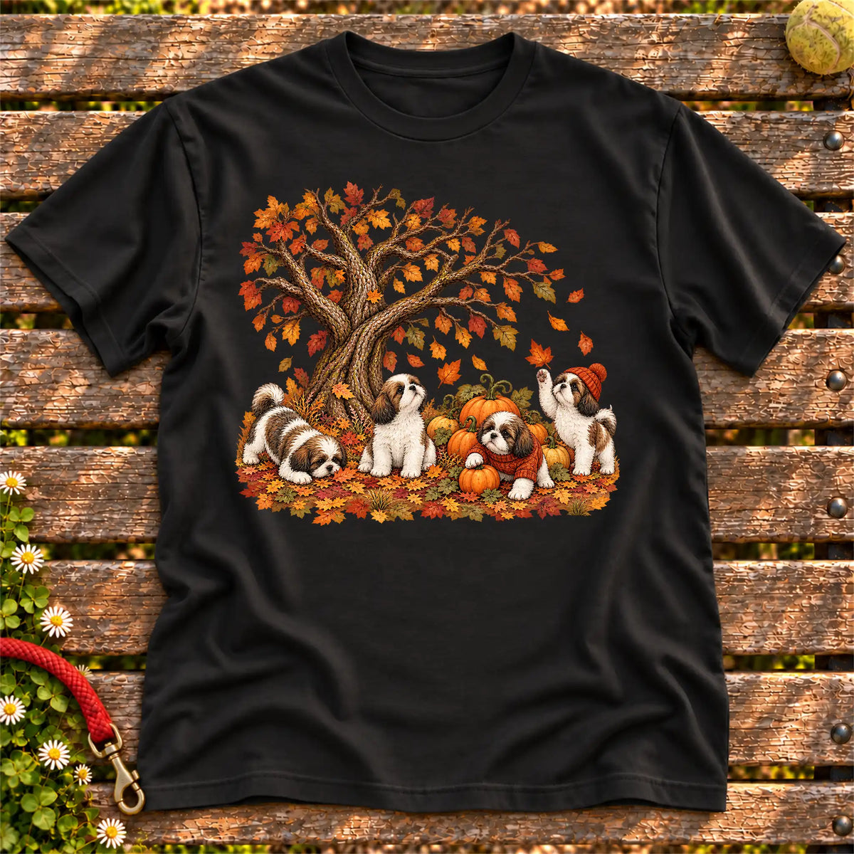 Four Shih Tzu puppies with pumpkins beneath an autumn tree on a Black softstyle T-shirt