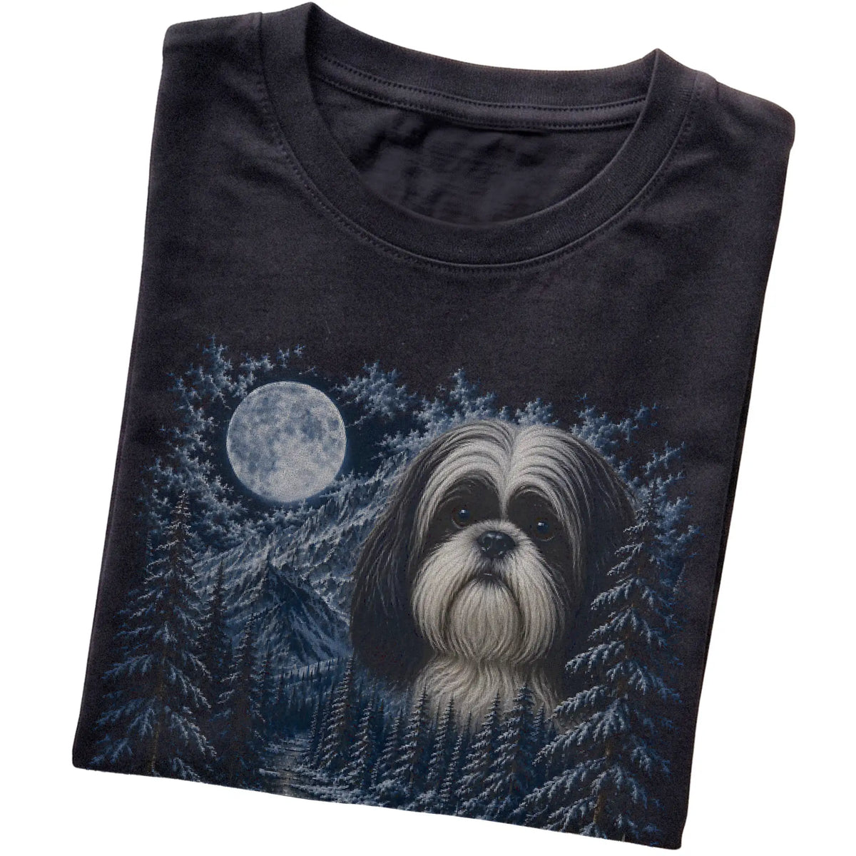 Folded black T-shirt with Shih Tzu Winter Moon artwork.