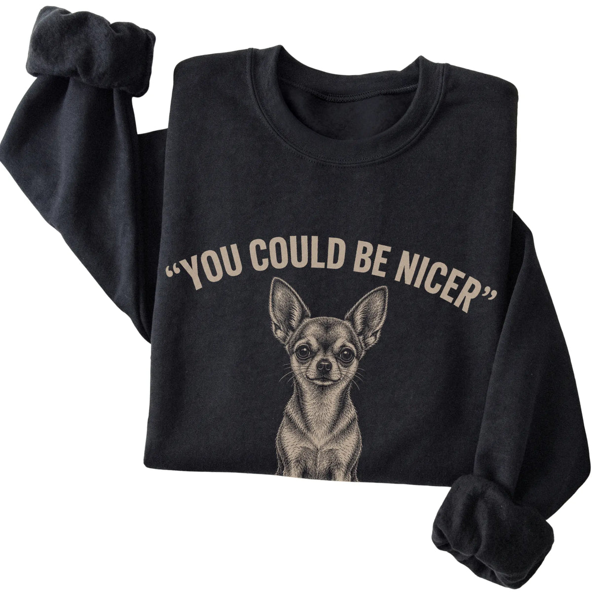 Short-Haired Chihuahua Guard Dog Sweatshirt in Black — folded detail