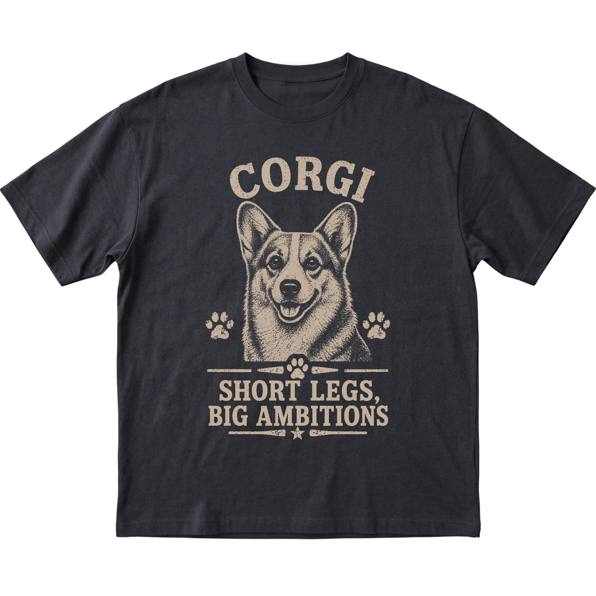Black T-shirt featuring Short Legs, Big Ambitions - Corgi, laid-flat presentation