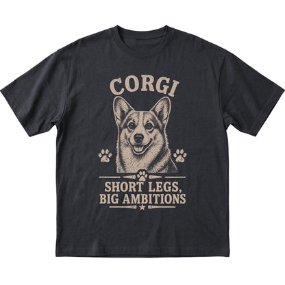Black T-shirt featuring Short Legs, Big Ambitions - Corgi, laid-flat presentation