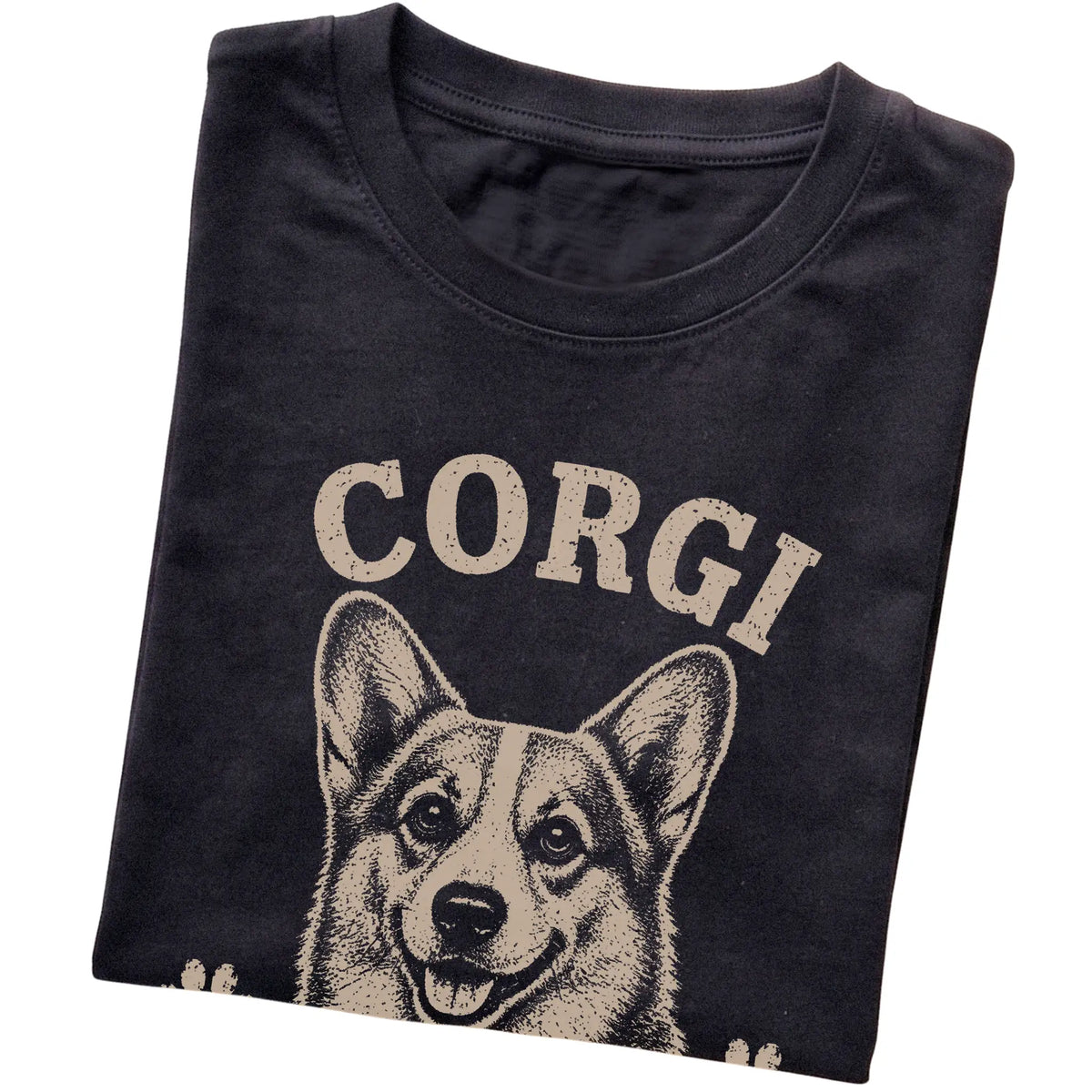 Black T-shirt featuring Short Legs, Big Ambitions - Corgi, folded presentation