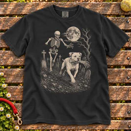 American Bulldog running from a skeleton on a Black Comfort Colors® T-shirt