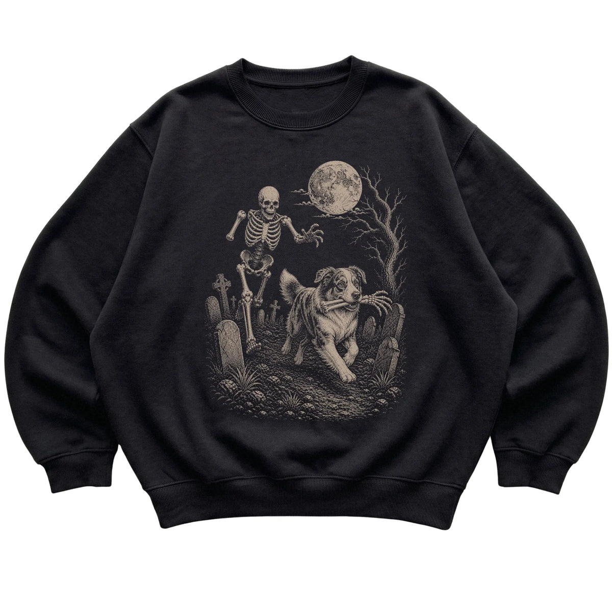 Black Skeleton Chase Australian Shepherd sweatshirt, flat view