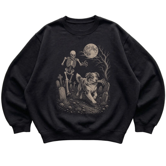 Black Skeleton Chase Australian Shepherd sweatshirt, flat view