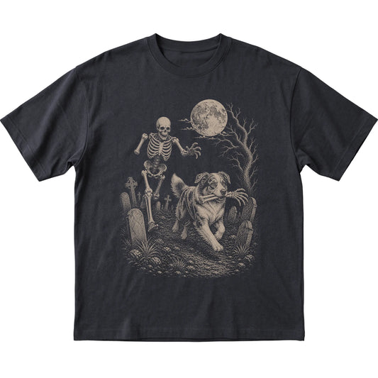 Black Skeleton Chase Australian Shepherd T-shirt, flat view