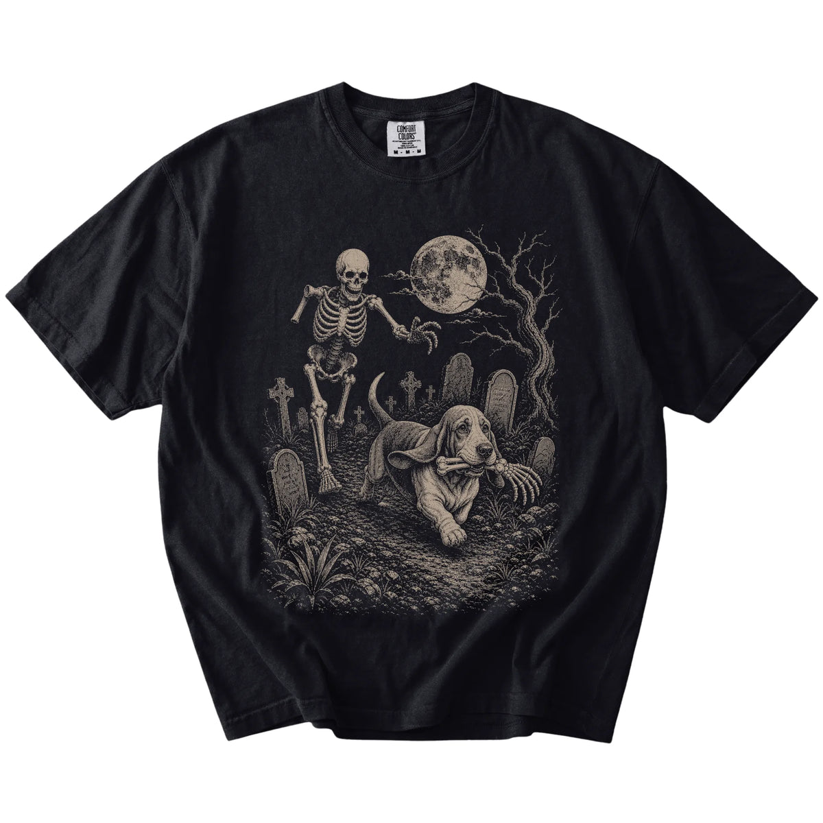 Basset Hound running from a skeleton on a Black Comfort Colors® T-shirt