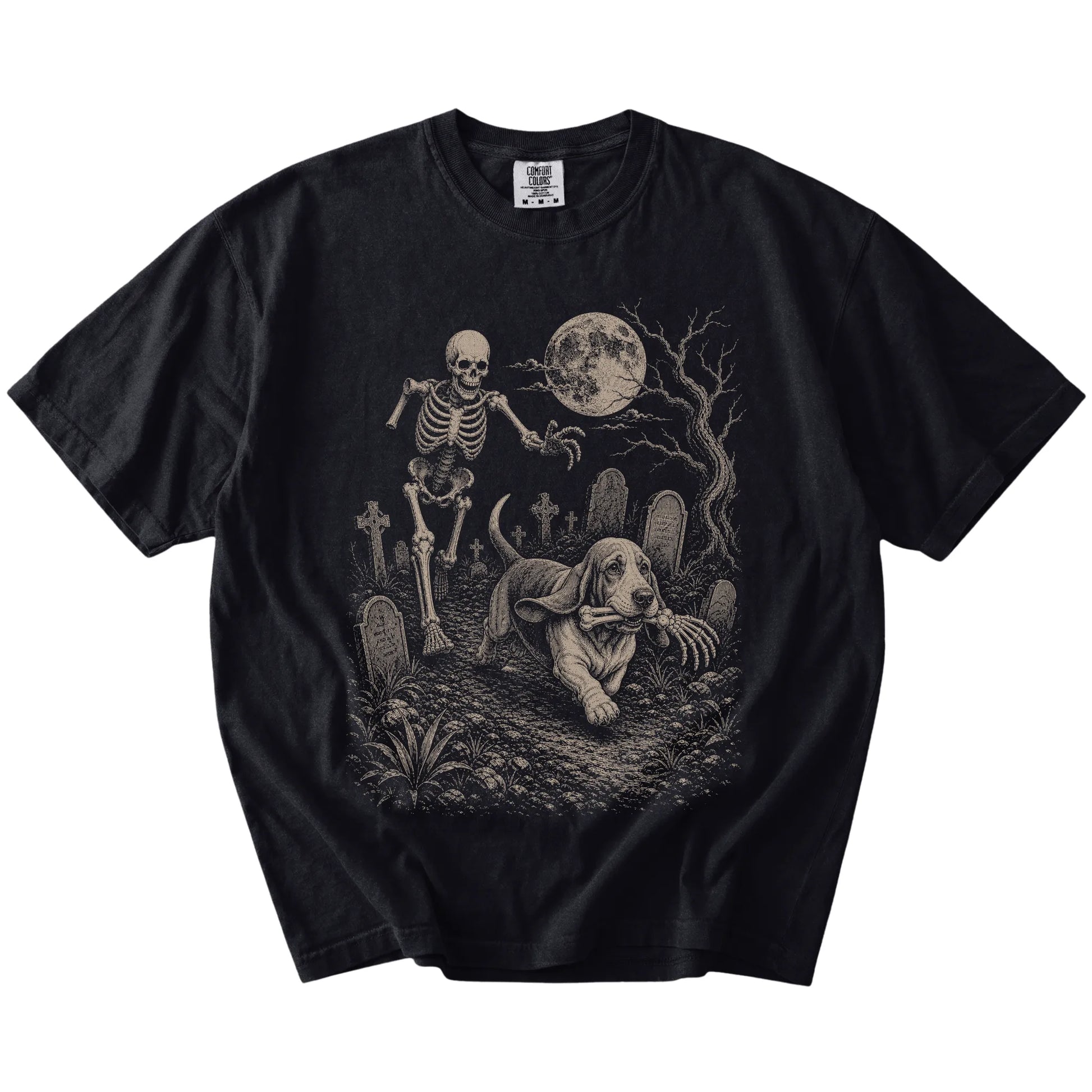 Basset Hound running from a skeleton on a Black Comfort Colors® T-shirt