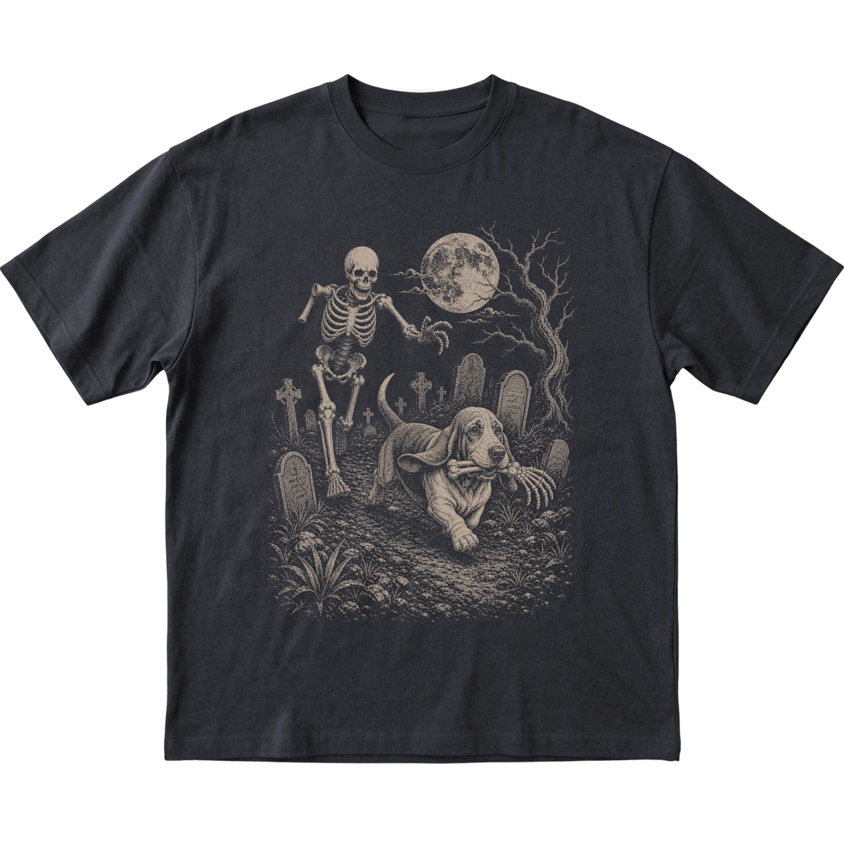 Black Skeleton Chase Basset Hound T-shirt, flat view