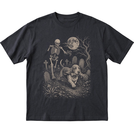 Black Skeleton Chase Basset Hound T-shirt, flat view