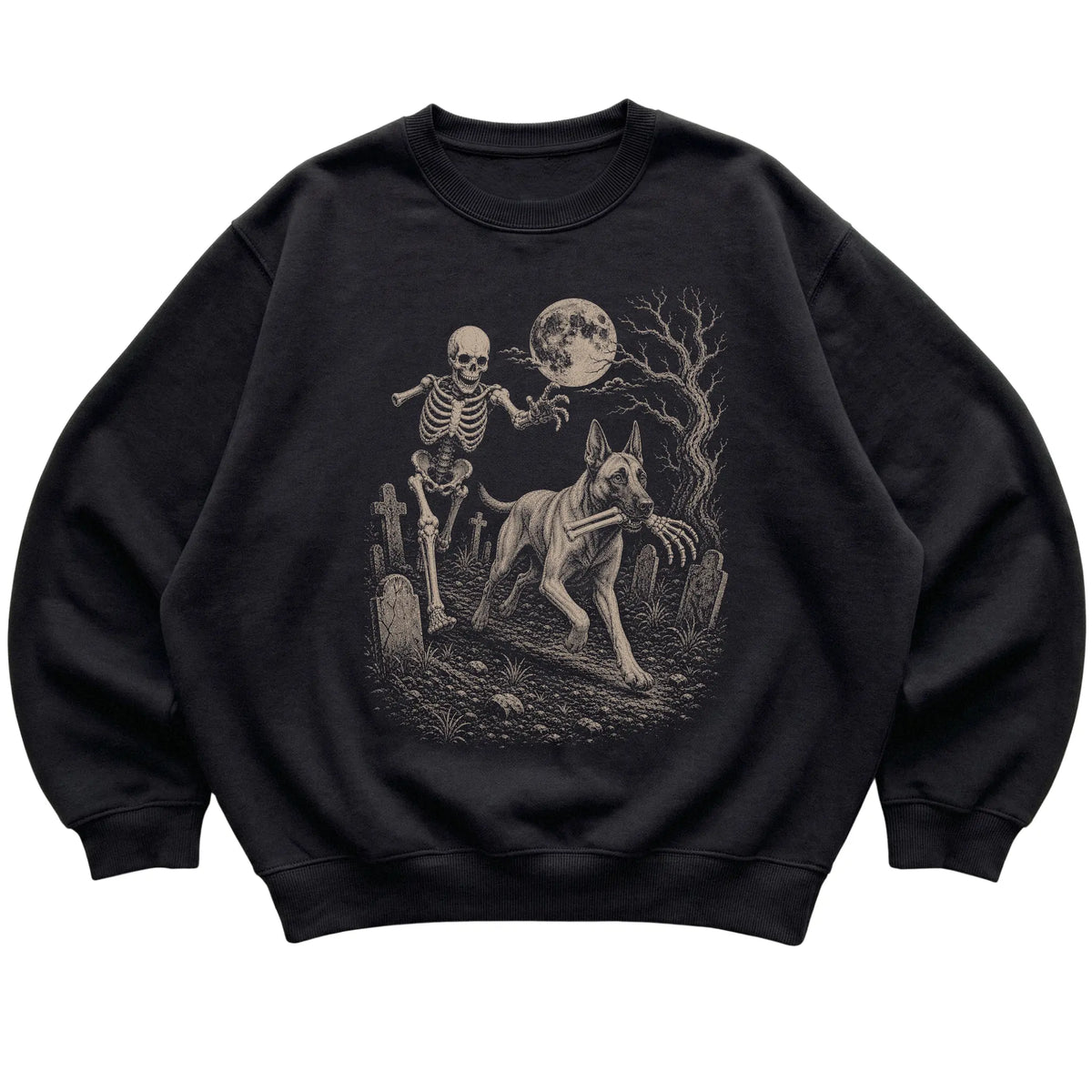 Black Skeleton Chase Belgian Malinois sweatshirt, flat view