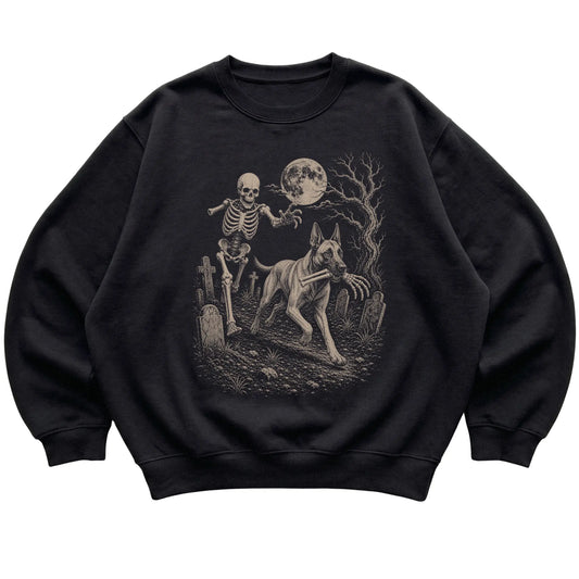 Black Skeleton Chase Belgian Malinois sweatshirt, flat view