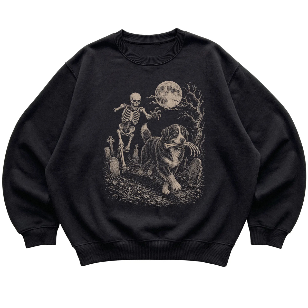 Black Skeleton Chase Bernese Mountain Dog sweatshirt, flat view