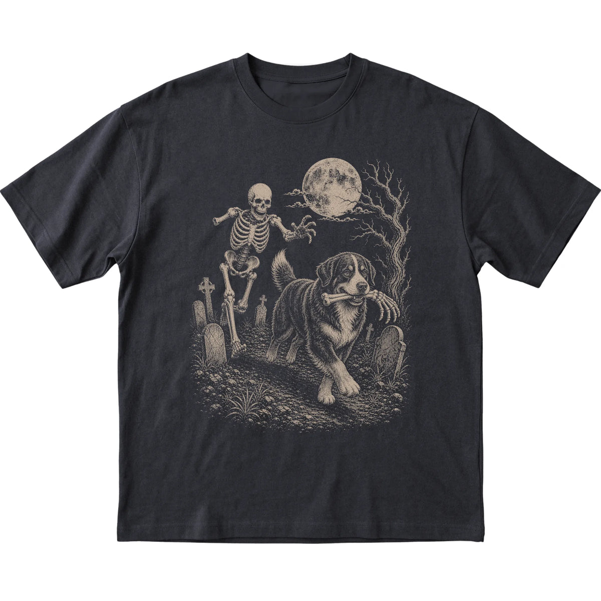 Black Skeleton Chase Bernese Mountain Dog T-shirt, flat view