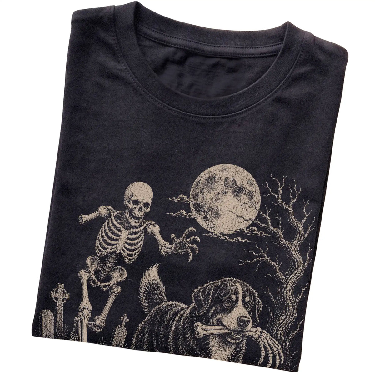 Black Skeleton Chase Bernese Mountain Dog T-shirt, folded view