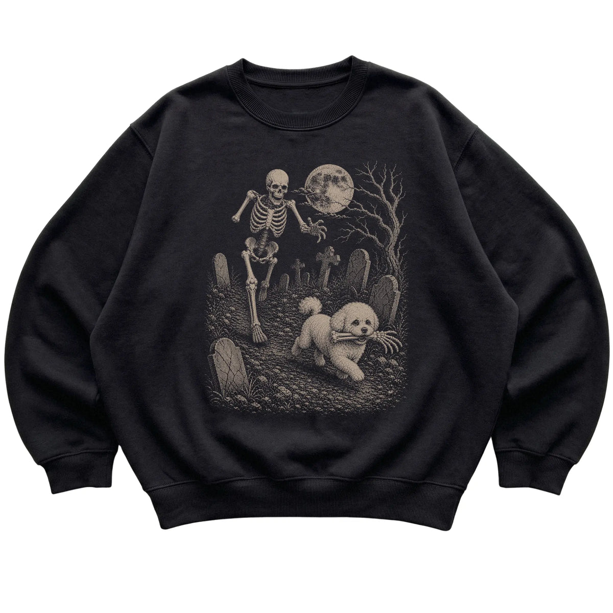 Black Skeleton Chase Bichon Frise sweatshirt, flat view