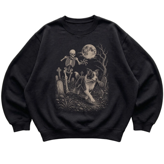 Black Skeleton Chase Border Collie sweatshirt, flat view