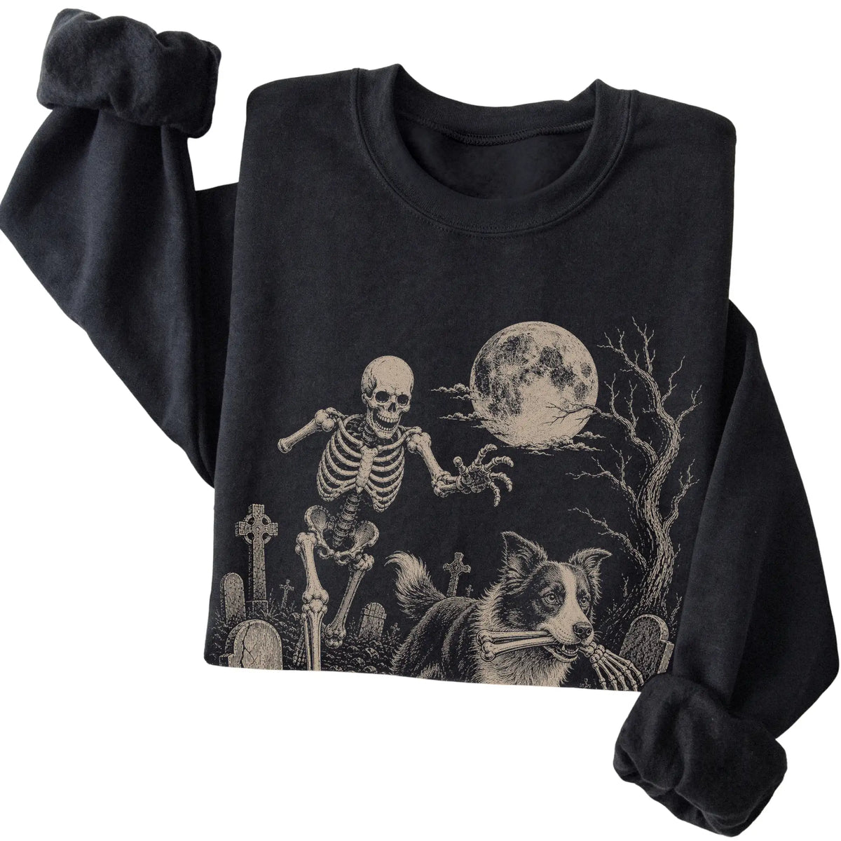 Black Skeleton Chase Border Collie sweatshirt, folded view