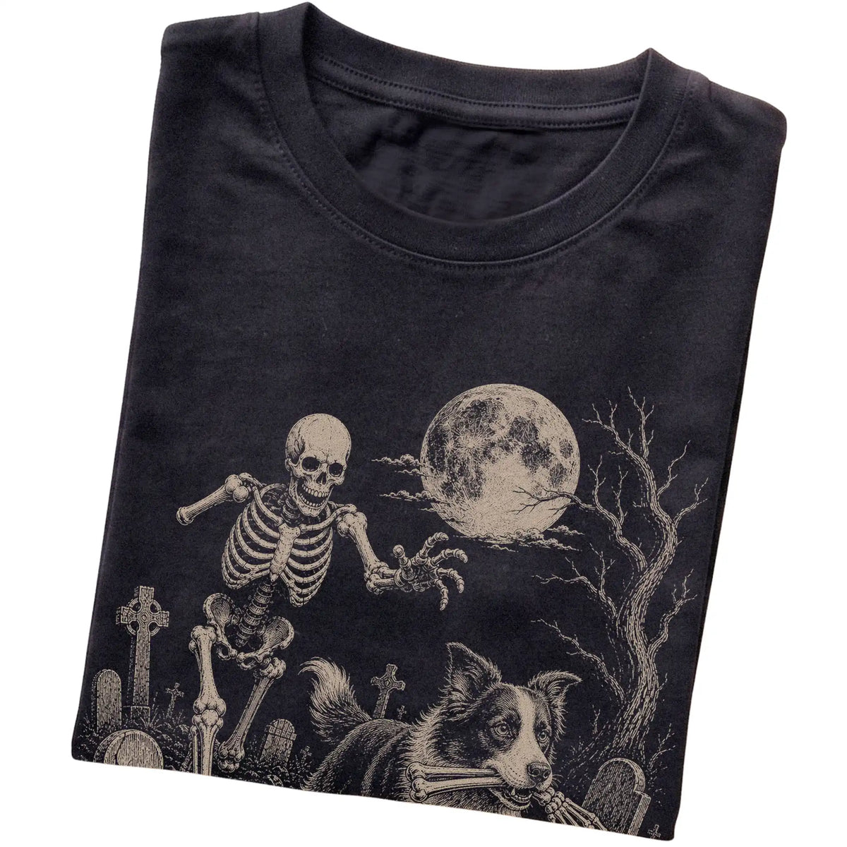 Black Skeleton Chase Border Collie T-shirt, folded view