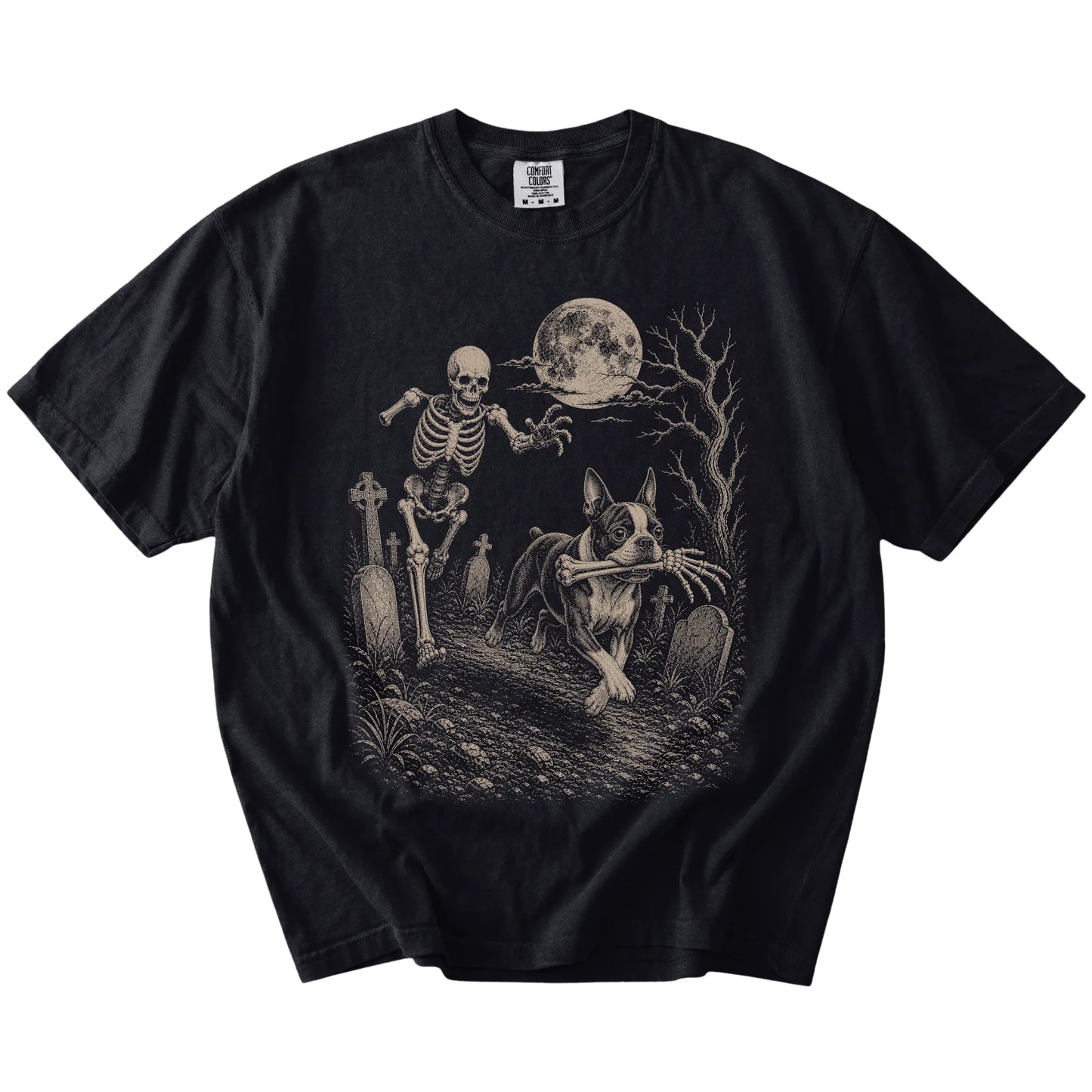 Boston Terrier running from a skeleton on a Black Comfort Colors® T-shirt