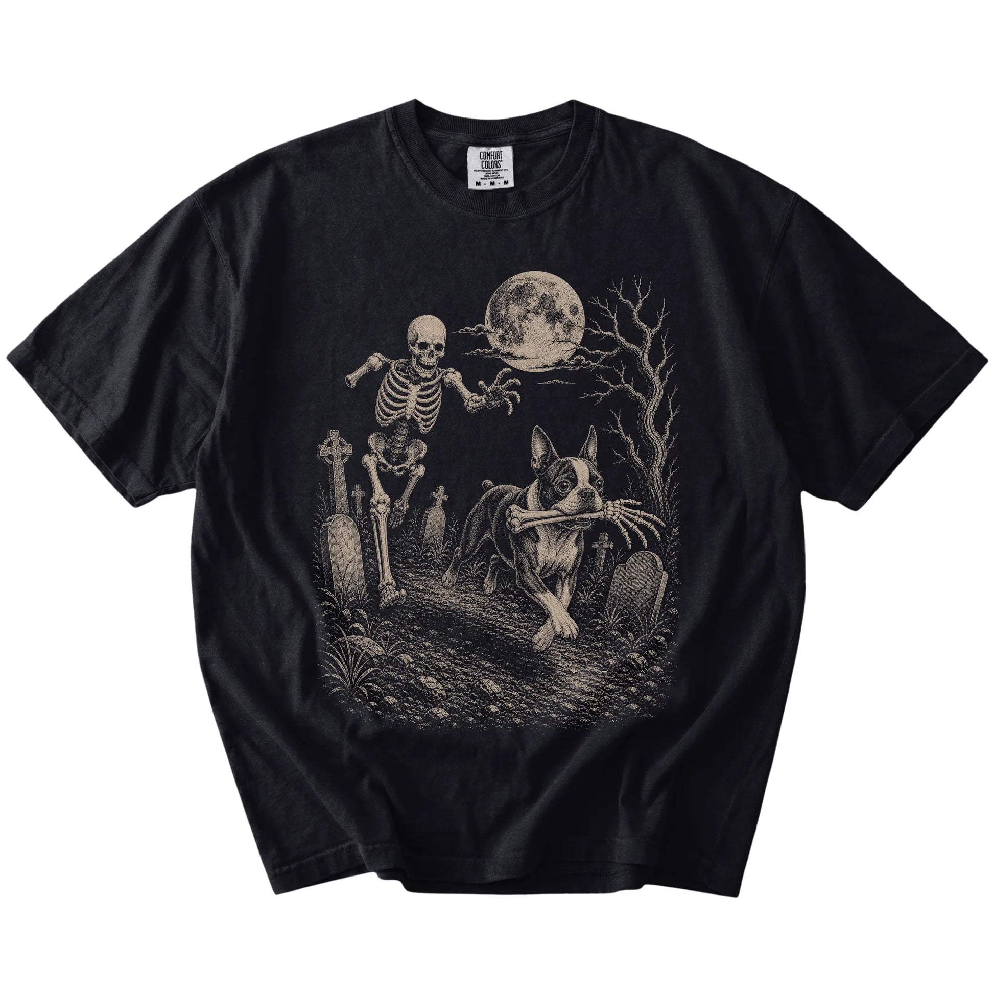 Boston Terrier running from a skeleton on a Black Comfort Colors® T-shirt