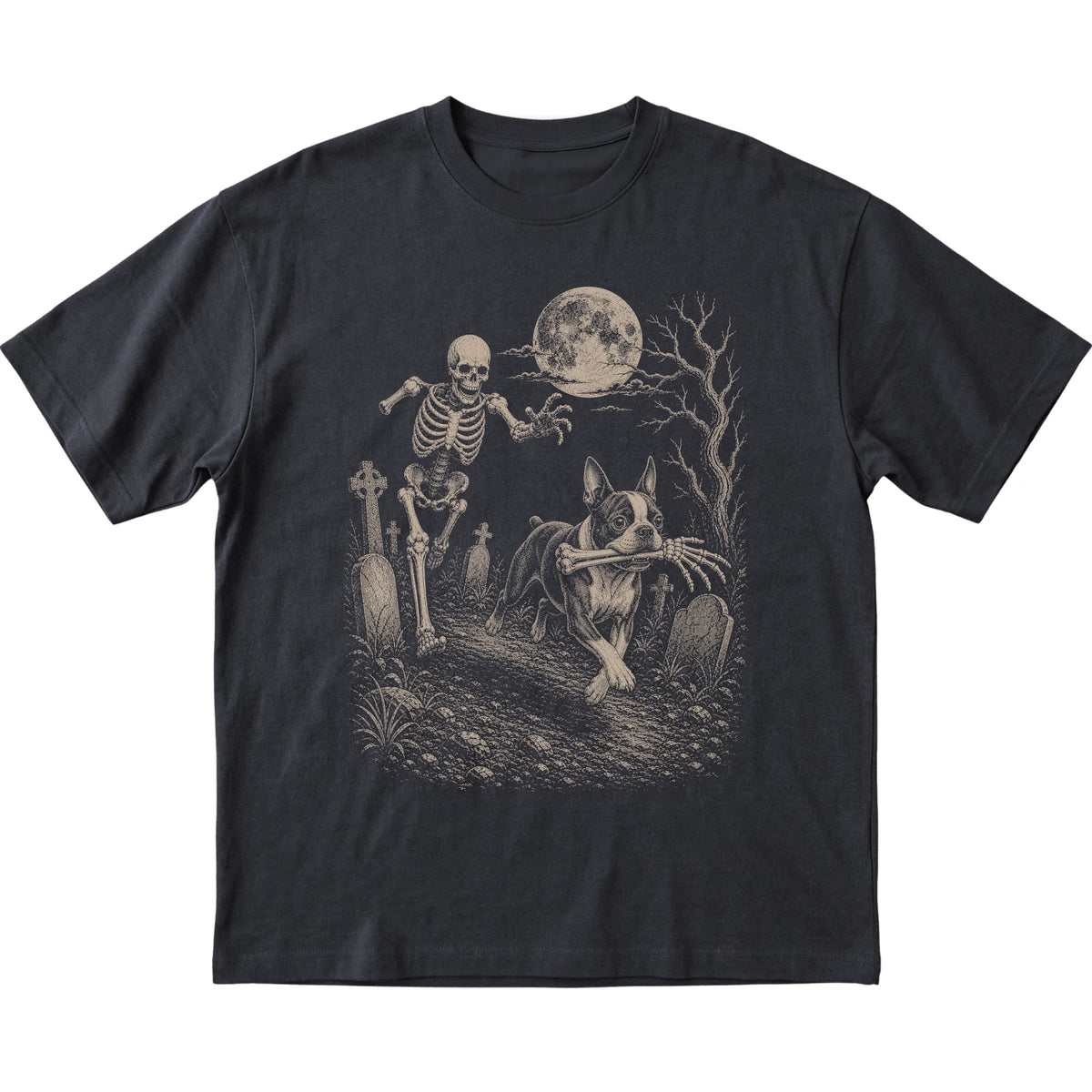 Black Skeleton Chase Boston Terrier T-shirt, flat view