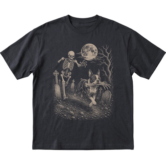 Black Skeleton Chase Boston Terrier T-shirt, flat view