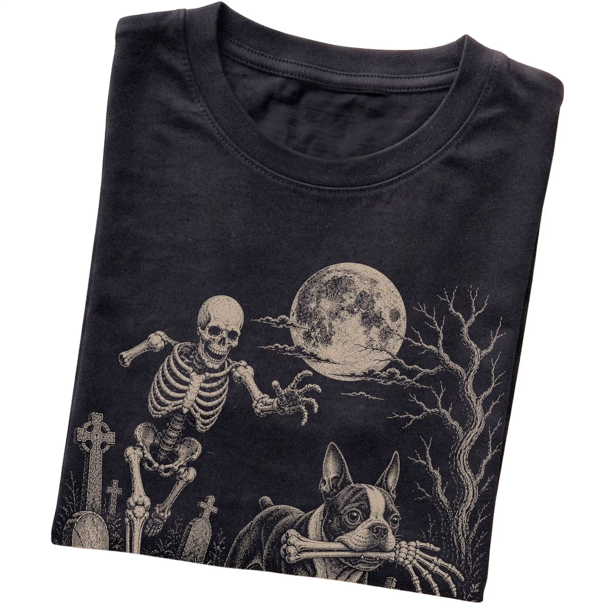 Black Skeleton Chase Boston Terrier T-shirt, folded view