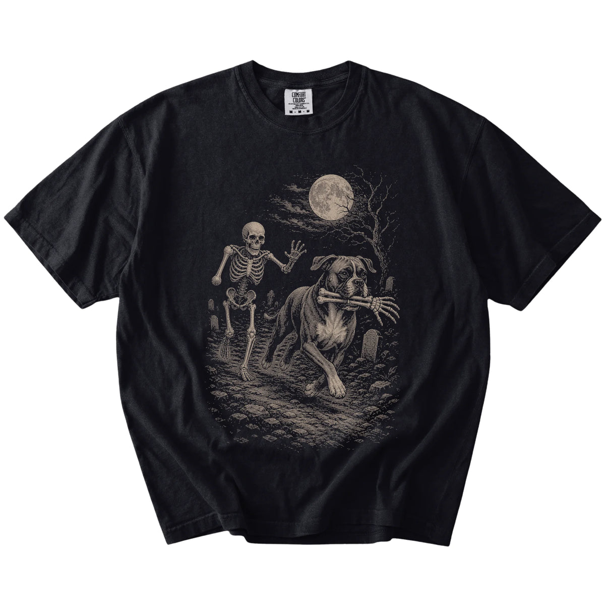 black T-shirt with a Boxer carrying a skeleton arm through a graveyard.