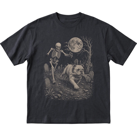Black Skeleton Chase Bulldog T-shirt, flat view