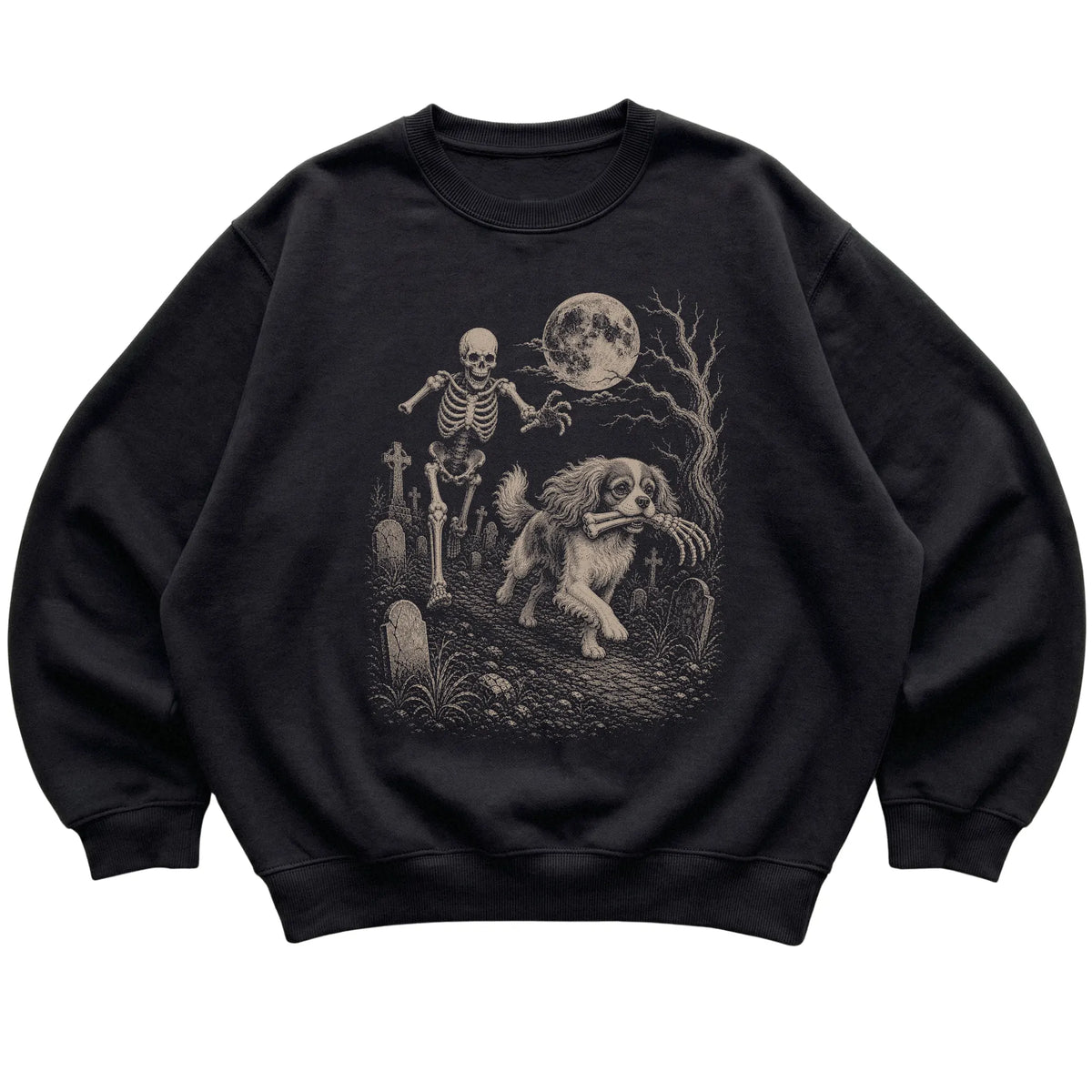 Black Skeleton Chase Cavalier King Charles Spaniel sweatshirt, flat view
