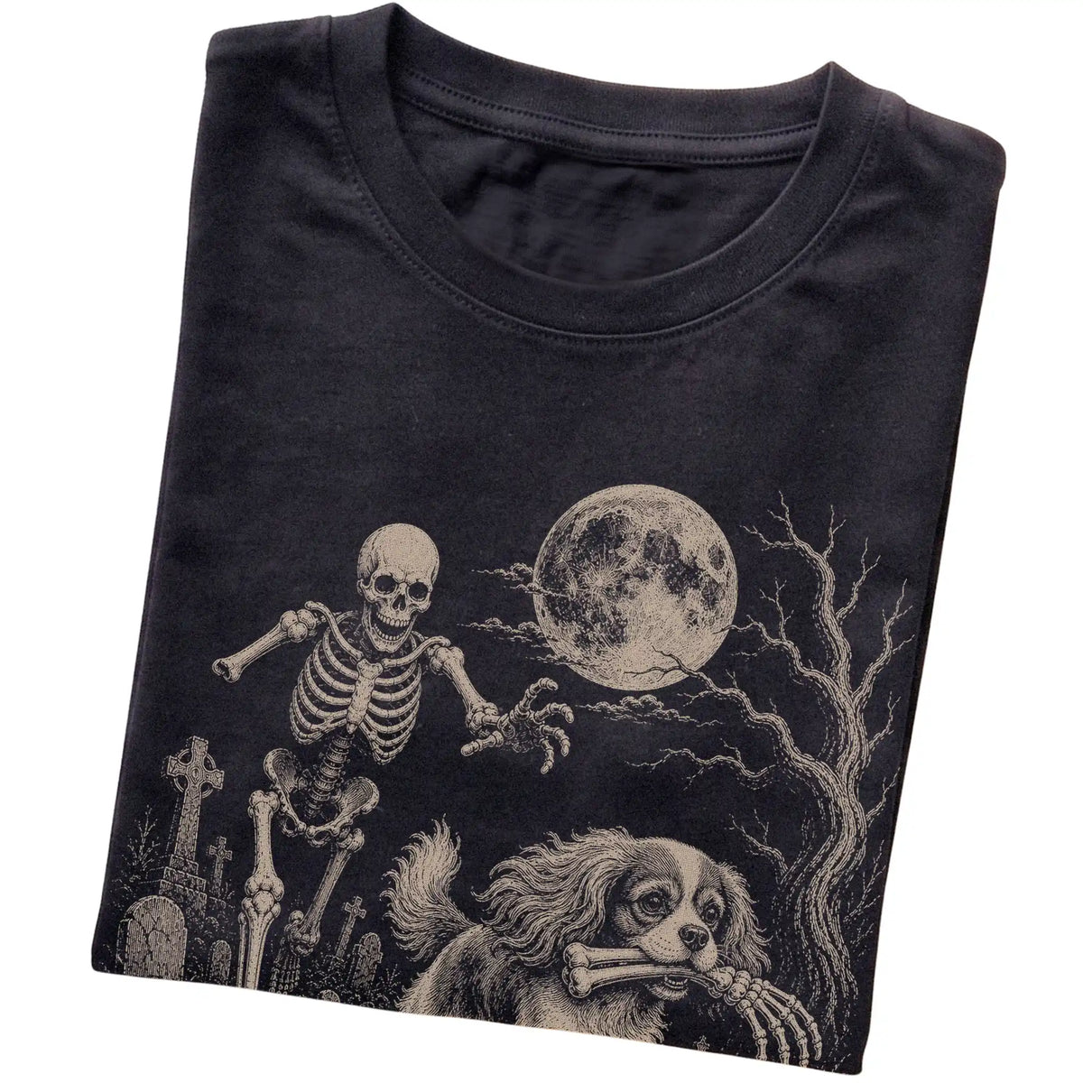 Black Skeleton Chase Cavalier King Charles Spaniel T-shirt, folded view