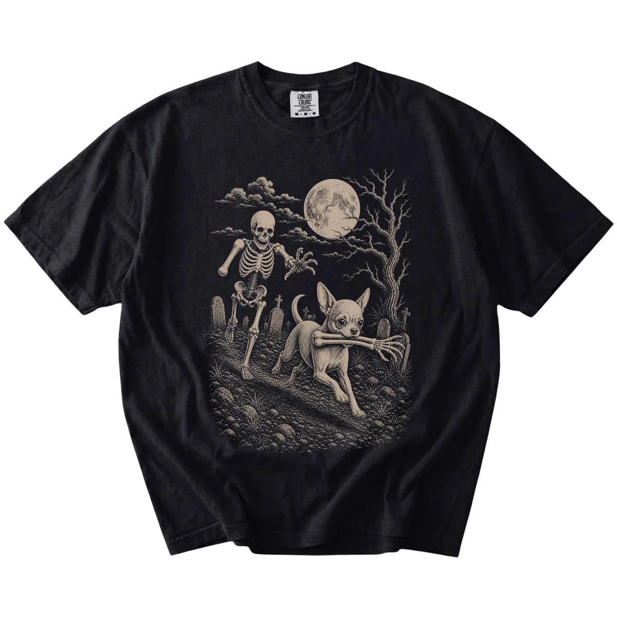 Chihuahua running from a skeleton on a Black Comfort Colors® T-shirt