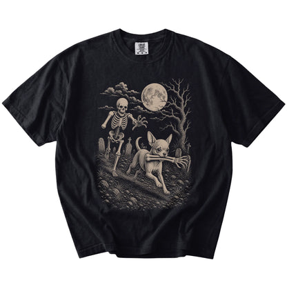 Chihuahua running from a skeleton on a Black Comfort Colors® T-shirt