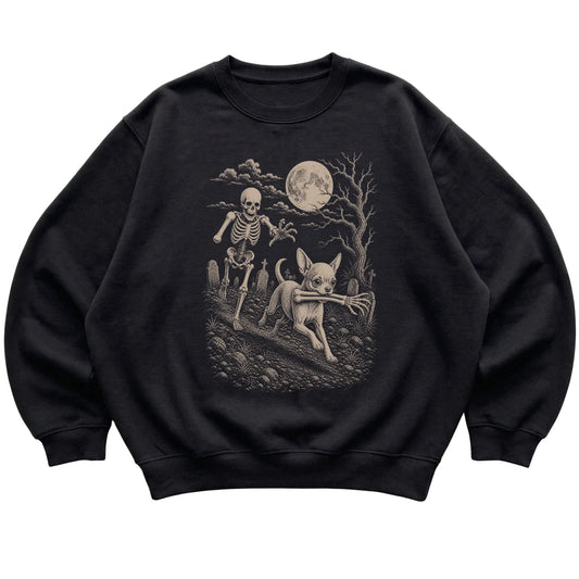 Black Skeleton Chase Chihuahua sweatshirt, flat view
