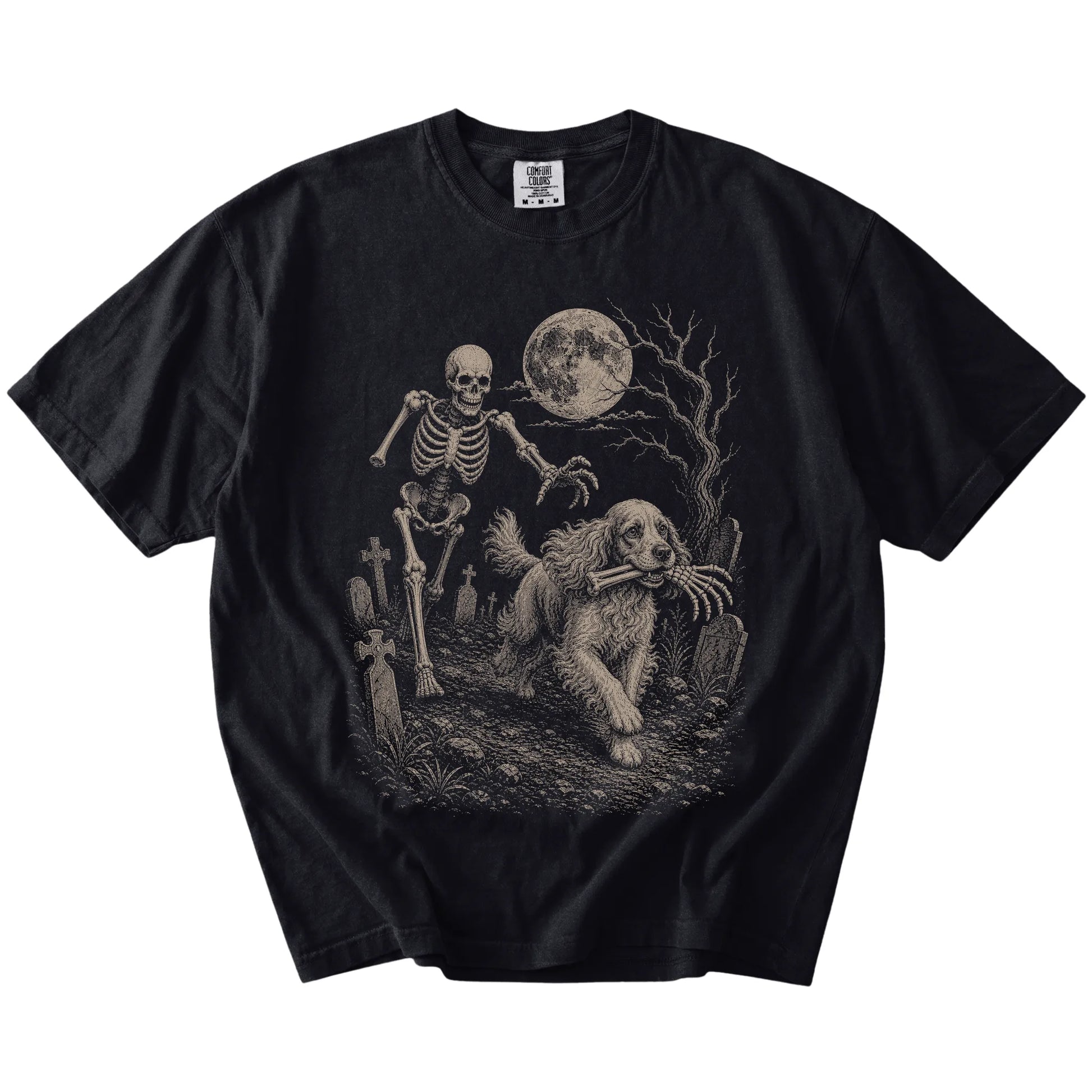 Cocker Spaniel running from a skeleton on a Black Comfort Colors® T-shirt