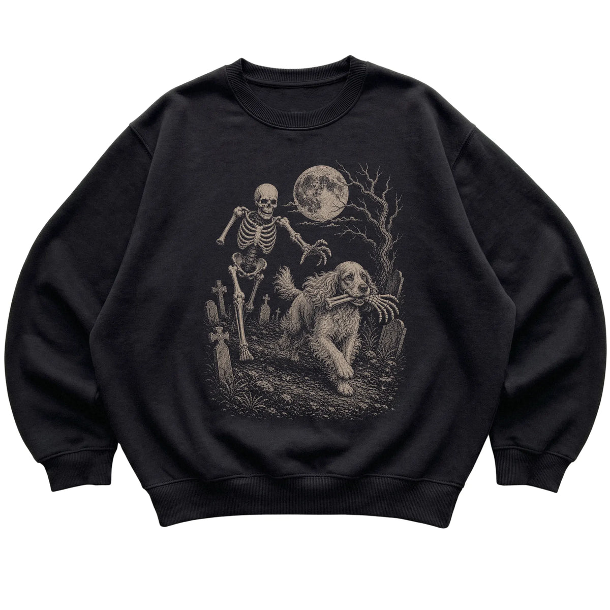 Black Skeleton Chase Cocker Spaniel sweatshirt, flat view