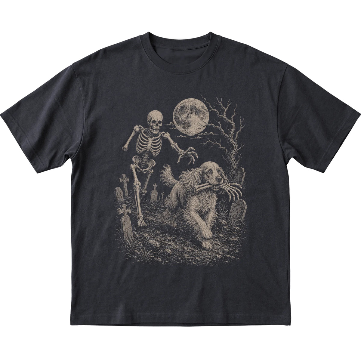 Black Skeleton Chase Cocker Spaniel T-shirt, flat view