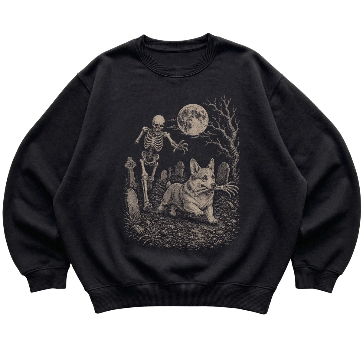 Black Skeleton Chase Corgi sweatshirt, flat view