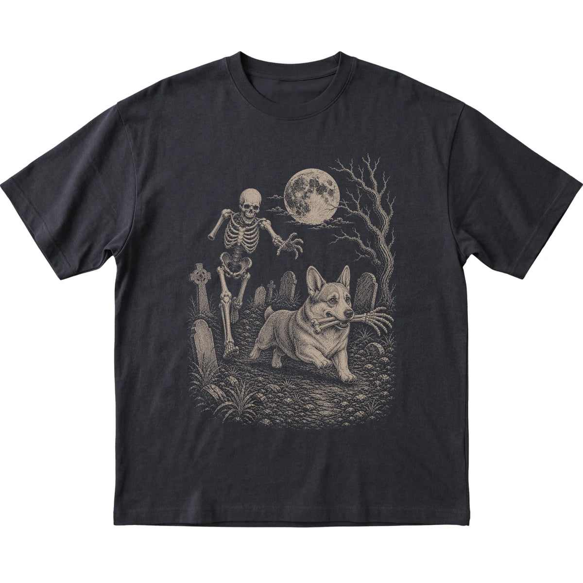 Black Skeleton Chase Corgi T-shirt, flat view