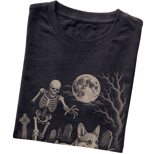 Black Skeleton Chase Corgi T-shirt, folded view