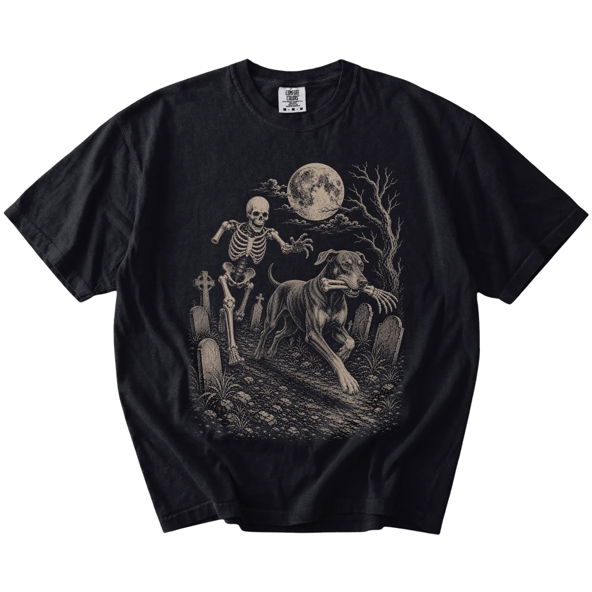 Doberman running from a skeleton on a Black Comfort Colors® T-shirt