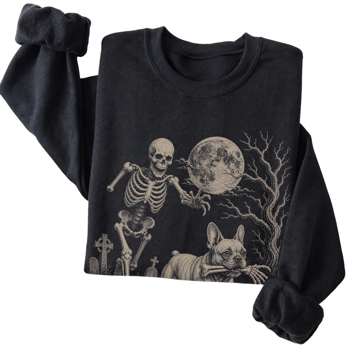 Black Skeleton Chase French Bulldog sweatshirt, folded view