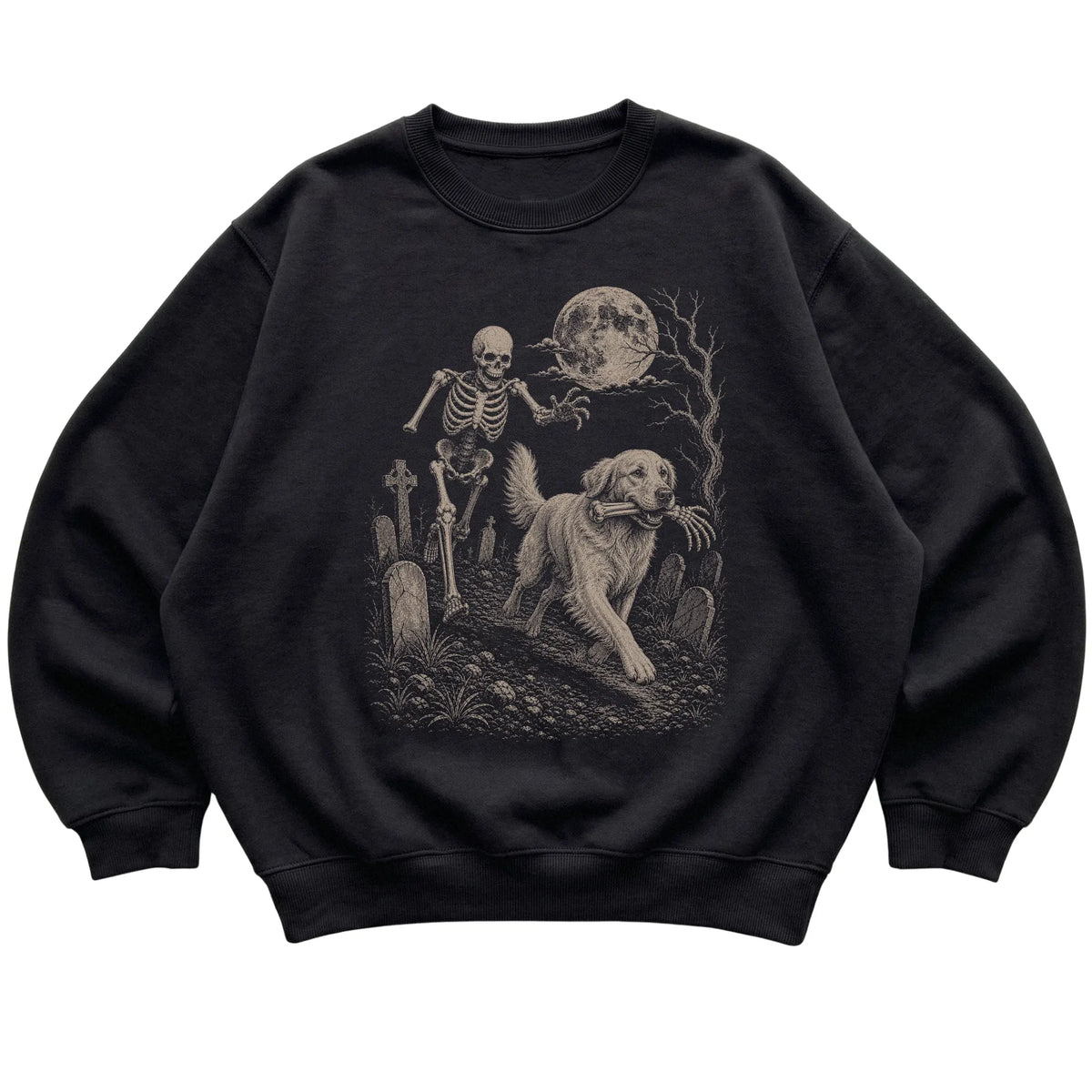 Black Skeleton Chase Golden Retriever sweatshirt, flat view