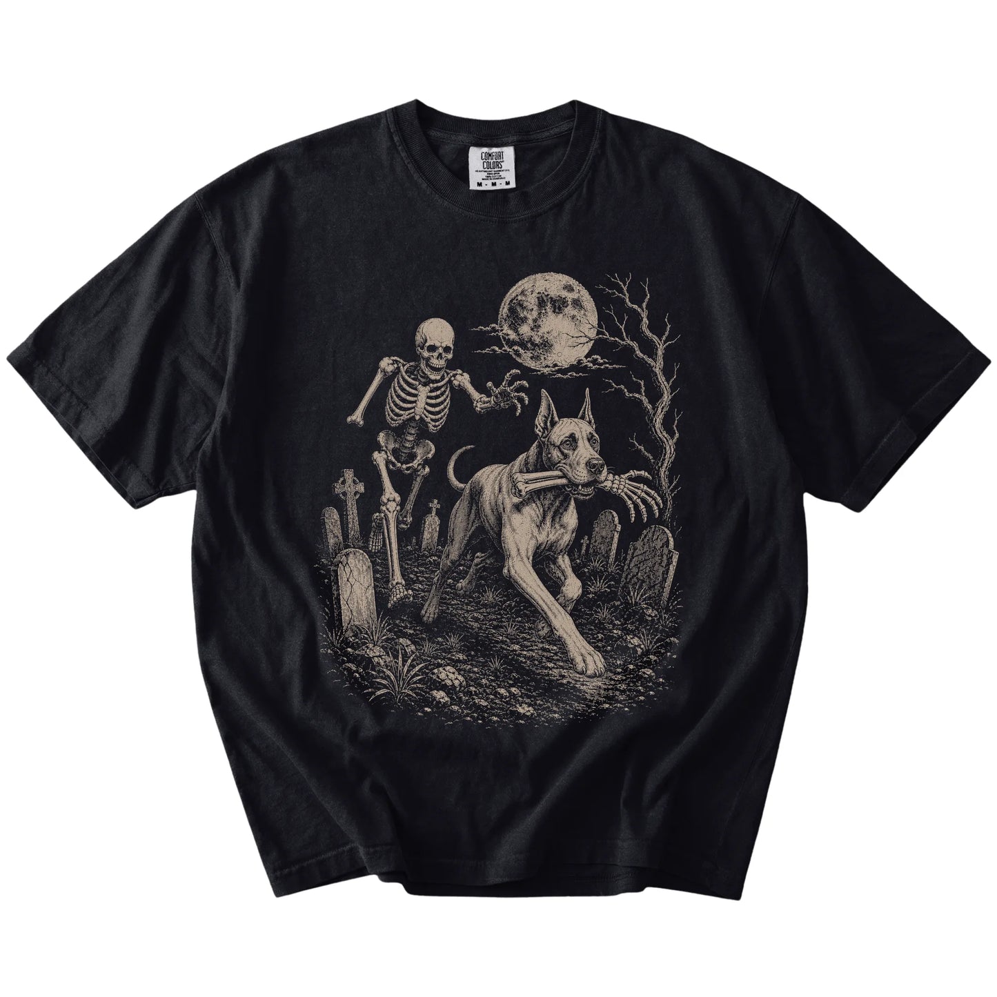Great Dane running from a skeleton on a Black Comfort Colors® T-shirt