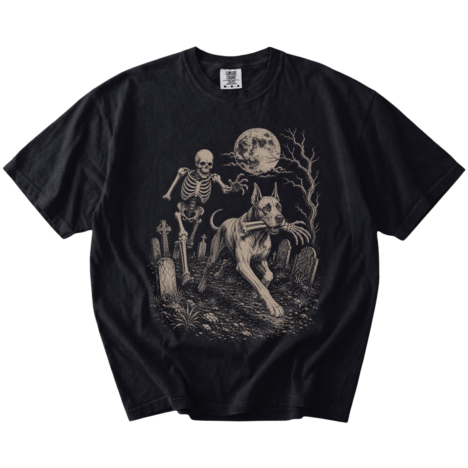 Great Dane running from a skeleton on a Black Comfort Colors® T-shirt