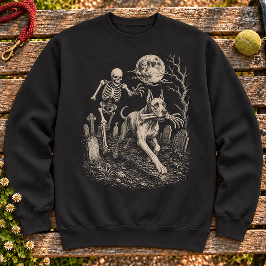 Great Dane Skeleton Chase on a Black crewneck sweatshirt, shown flat