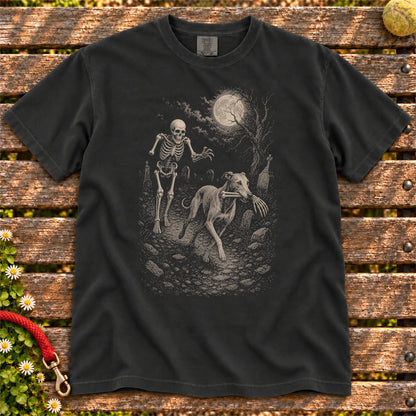Greyhound Skeleton Chase on a Black T-shirt, shown flat