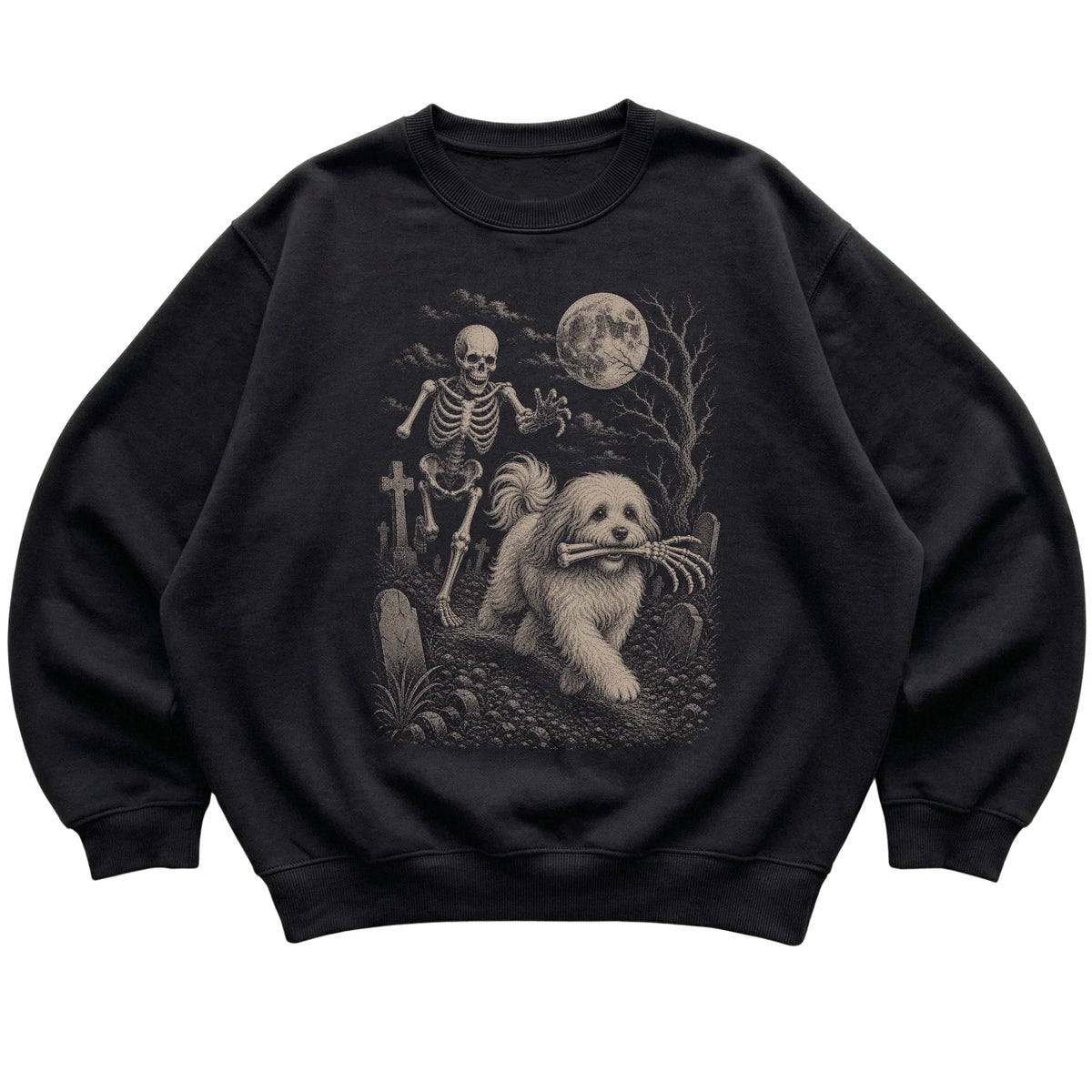 Black Skeleton Chase Havanese sweatshirt, flat view