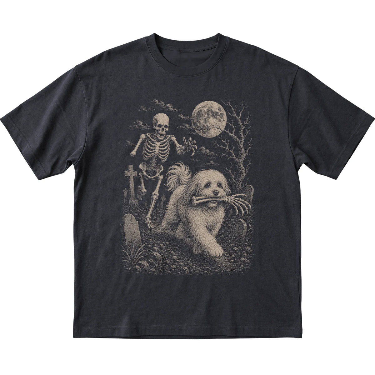 Black Skeleton Chase Havanese T-shirt, flat view